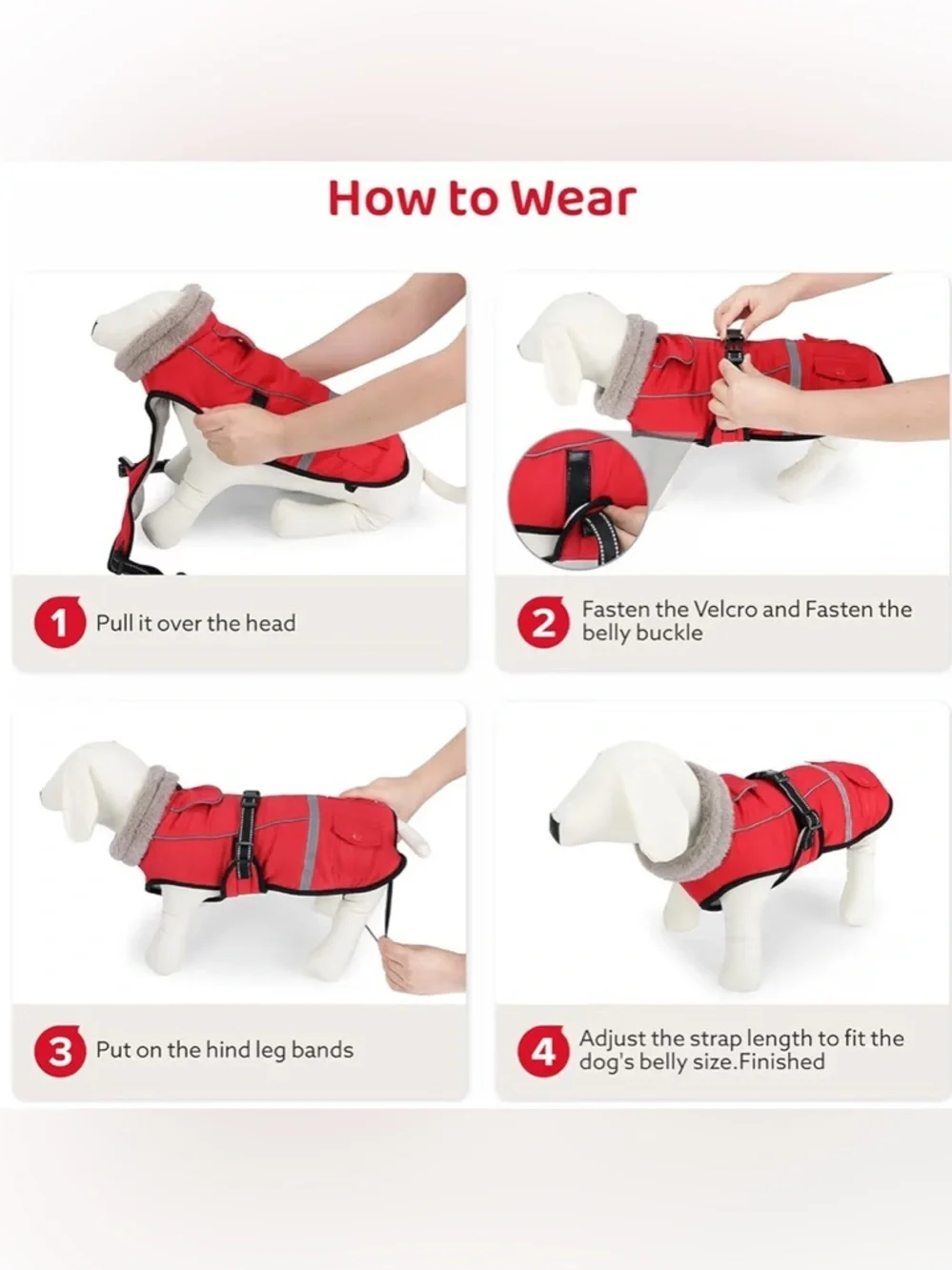 NEW-Dog- Large Red Faux-Fur Collar  Reflective, safety Dog Winter Coat -